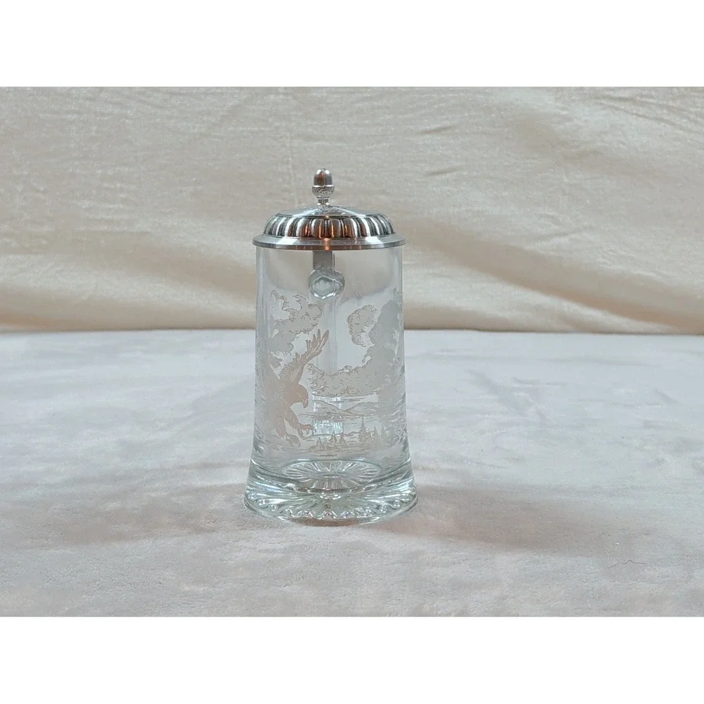 Vintage Etched Glass Beer‎ Stein with Metal Lid Eagle Wildlife Mountain Design